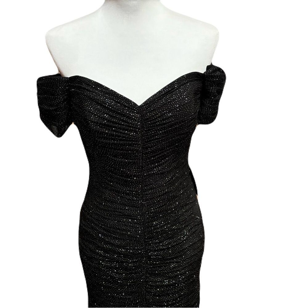 NWT Eliza J Black Silver Glitter Ruched Off Shoulder Cocktail Dress Sz 6 - Picture 9 of 9